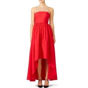 New Marchesa Notte red silk blend high low mesh dress